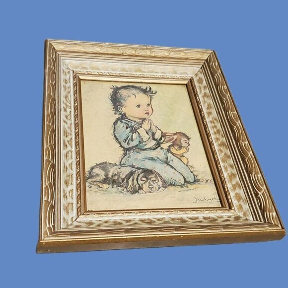Framed wall Picture Boy with Dogs Puppies bedtime Prayer Jean Bukac Lithographs - Picture 1 of 5